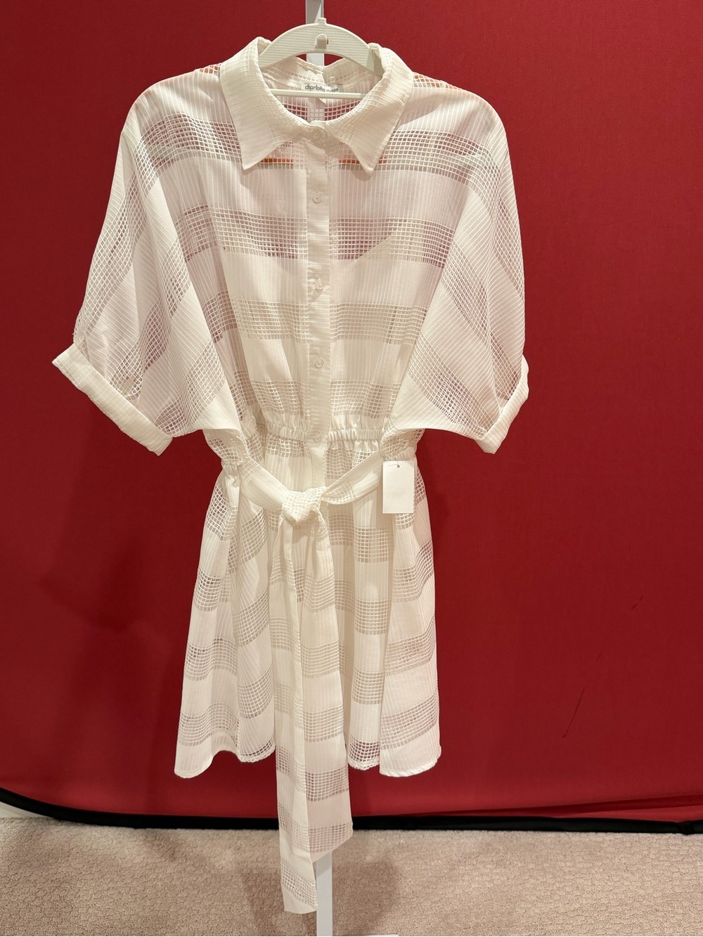 Charlotte Russe Ivory Sheer Grid Button-Front Shirt Dress - NWT